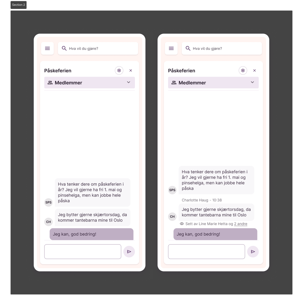 To mobilskjermer med chat-tråden «Påskeferien»