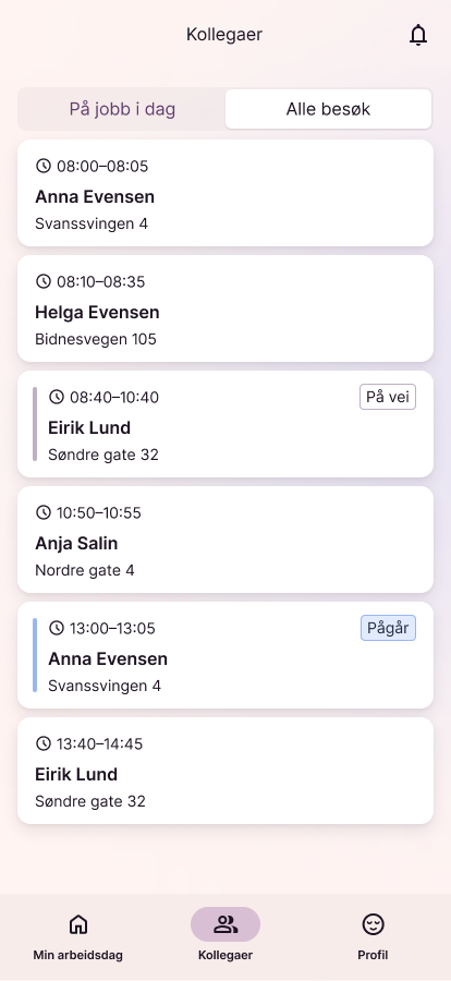 Skjerm «Alle besøk» med tidspunkt, navn og adresse per besøk