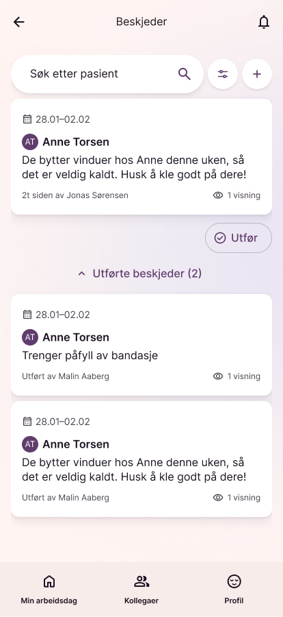 Skjerm «Beskjeder» med aktive og utførte beskjeder
