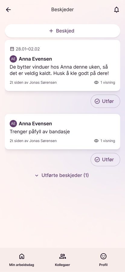 Beskjeder knyttet til én pasient, med utfør-knapp
