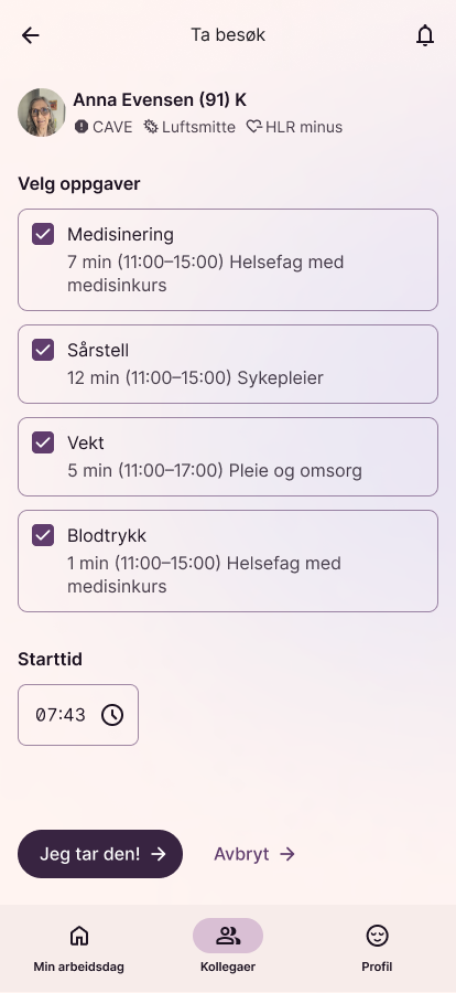Skjerm «Ta besøk» med oppgaveliste og starttid for Anna Evensen