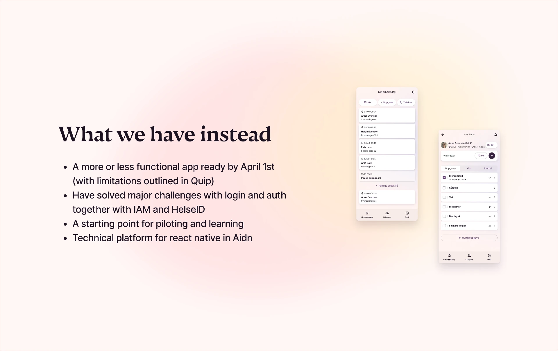 Slide: What we have instead, med skjermbilder av dagsoversikt og besøk hos Anna
