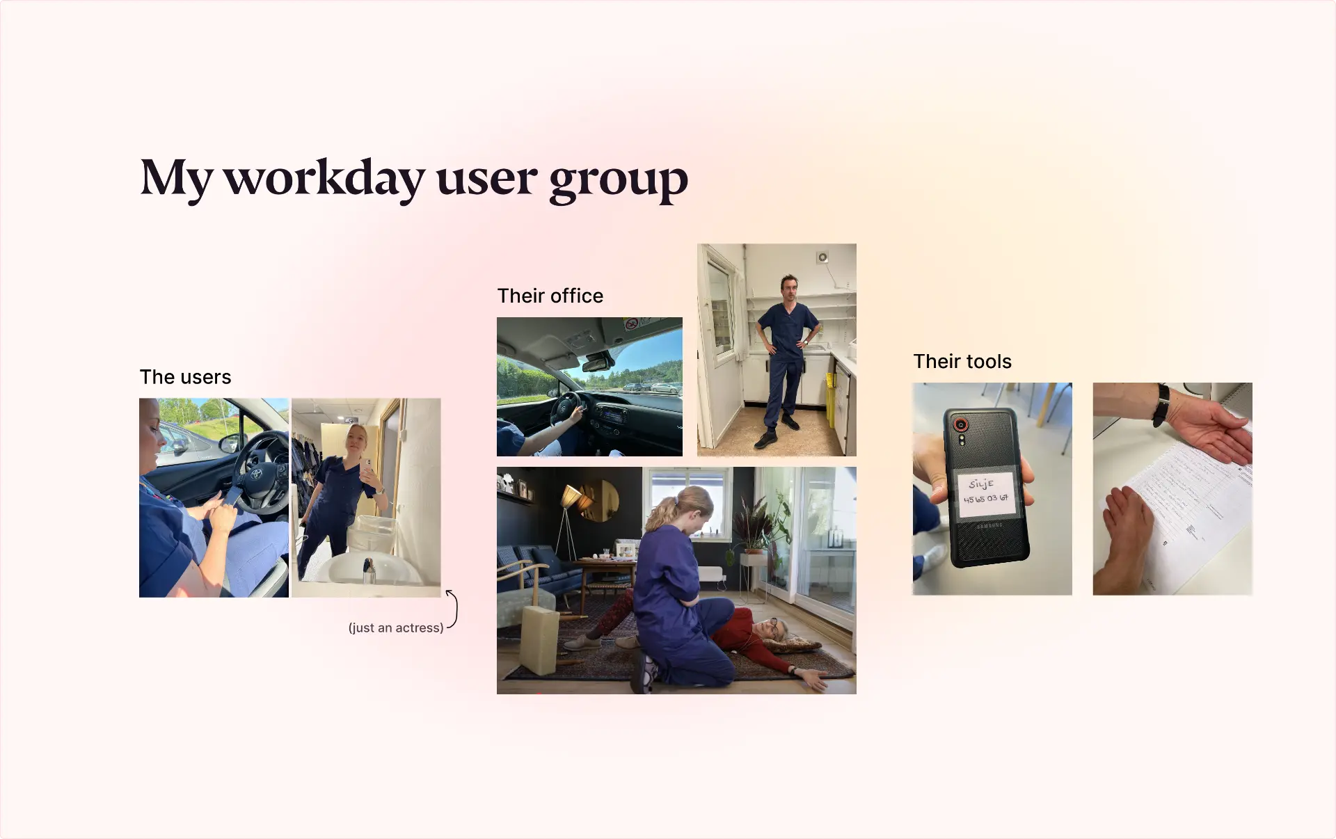 Slide: My workday user group med bilder av brukerne, kontoret deres og verktøyene deres