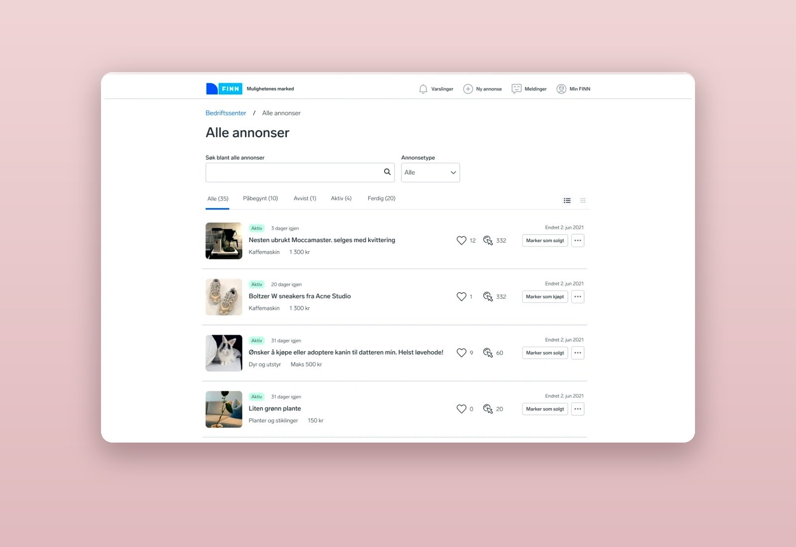 Bedriftssenter i FINN med oversikt over alle annonser, søkefelt og statusfiltre