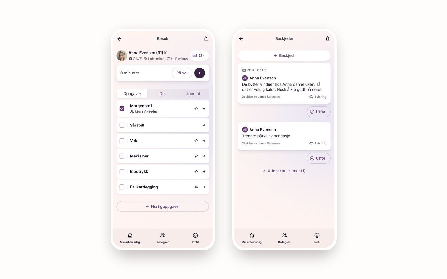 Mobilskjermer fra app for hjemmesykepleien: besøk med oppgaver og beskjeder